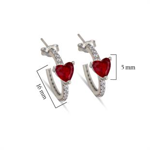 925 Ayar Gümüş Kırmızı Kalp Detaylı Halka Küpe