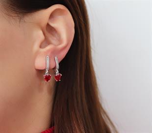 925 Ayar Gümüş Kırmızı Kalp Taşlı Küpe