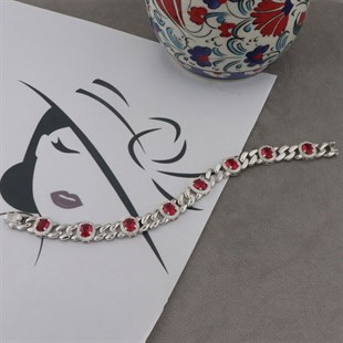 925 Ayar Gümüş Kırmızı Oval Desen Şık Bileklik