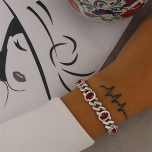 925 Ayar Gümüş Kırmızı Oval Desen Şık Bileklik