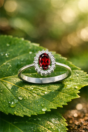 925 Ayar Gümüş Kırmızı Oval Taşlı Anturaj Yüzük