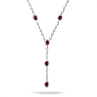 925 Ayar Gümüş Kırmızı Oval Taşlı Y Model Su Yolu Detaylı Kolye