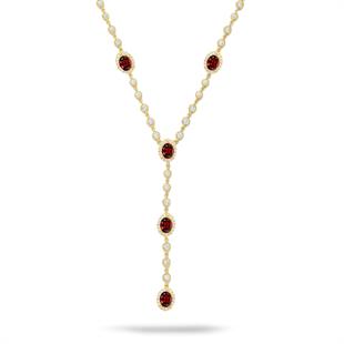 925 Ayar Gümüş Kırmızı Oval Taşlı Y Model Su Yolu Detaylı Kolye