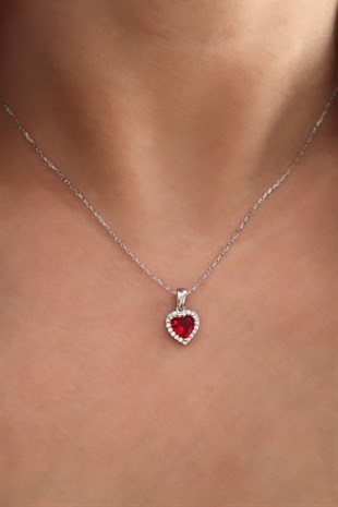 925 Ayar Gümüş Kırmızı Swarovski Kalp Kolye