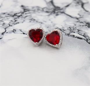 925 Ayar Gümüş Kırmızı Taşlı Kalp Küpe