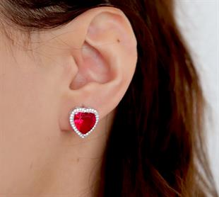 925 Ayar Gümüş Kırmızı Taşlı Kalp Küpe