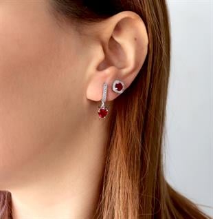 925 Ayar Gümüş Kırmızı Taşlı Kare Pırlanta Montürlü Gümüş Küpe