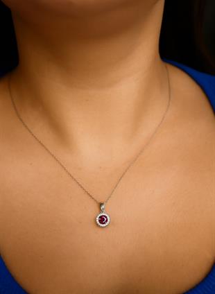 925 Ayar Gümüş Kırmızı Yuvarlak Anturaj  Kolye