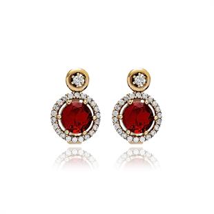 925 Ayar Gümüş Kırmızı Yuvarlak Taşlı Otantik Küpe