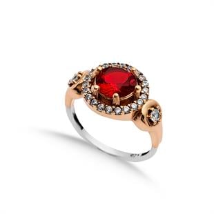 925 Ayar Gümüş Kırmızı Yuvarlak Taşlı Otantik Yüzük