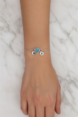 925 Ayar Gümüş Kişiselleştirilebilir Harf Charmlı Firuze Taşlı Bileklik 