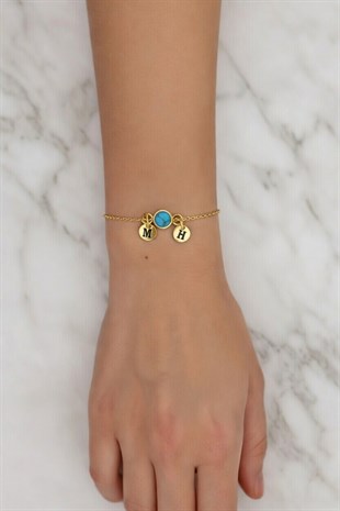 925 Ayar Gümüş Kişiselleştirilebilir Harf Charmlı Firuze Taşlı Bileklik 