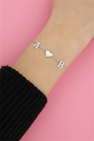 925 Ayar Gümüş Kişiye Özel 2 Harfli Minimal Kalp Bileklik