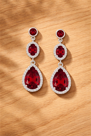 925 Ayar Gümüş Kristal Kırmızı Elegance Küpe