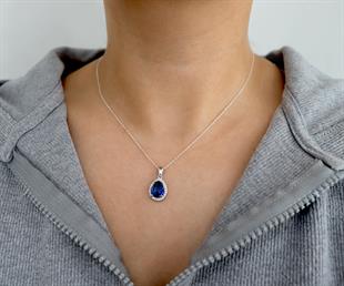 925 Ayar Gümüş Kristal Safir Su Damlası Kolye