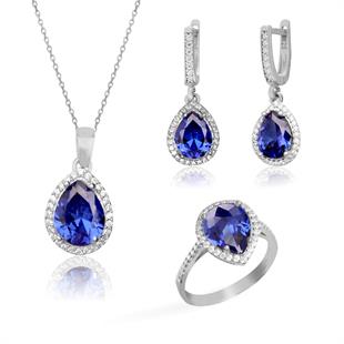 925 Ayar Gümüş Kristal Safir Su Damlası Takı Seti