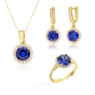 925 Ayar Gümüş Kristal Safir Yuvarlak Taşlı Takı Seti