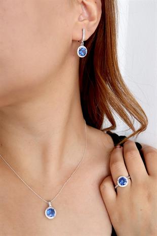 925 Ayar Gümüş Kristal Safir Yuvarlak Taşlı Takı Seti