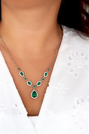 925 Ayar Gümüş Kristal Zümrüt Elegance Kolye
