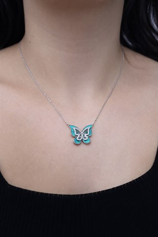 925 Ayar Gümüş Malahit Taşlı Kelebek Kolye 