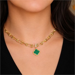 925 Ayar Gümüş Malahit Taşlı Yonca Charm