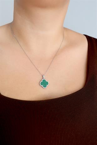 925 Ayar Gümüş Malahit Taşlı Yonca Kolye