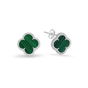 925 Ayar Gümüş Malahit Taşlı Yonca Küpe