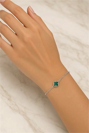 925 Ayar Gümüş Malahit Yonca Model  Bileklik