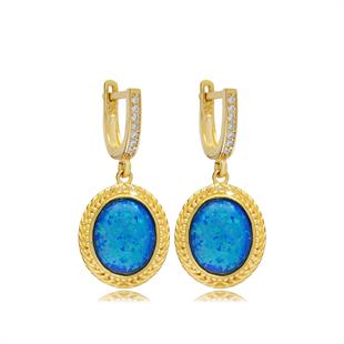 925 Ayar Gümüş Mavi Opal Taşlı Vintage Tasarım Küpe