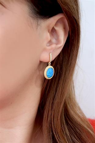 925 Ayar Gümüş Mavi Opal Taşlı Vintage Tasarım Küpe