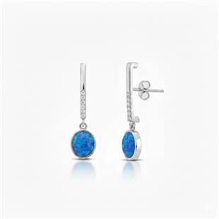 925 Ayar Gümüş Mavi Opal Yuvarlak Taşlı Küpe