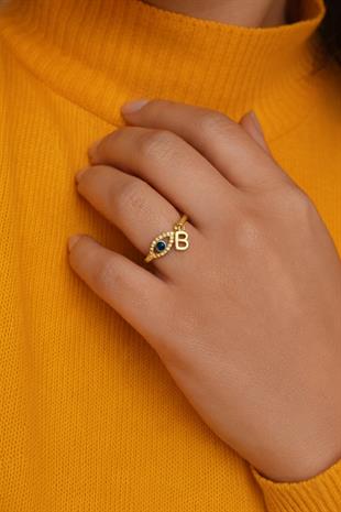 925 Ayar Gümüş Mavi Safir Detaylı Nazar Tasarım Harf Yüzük