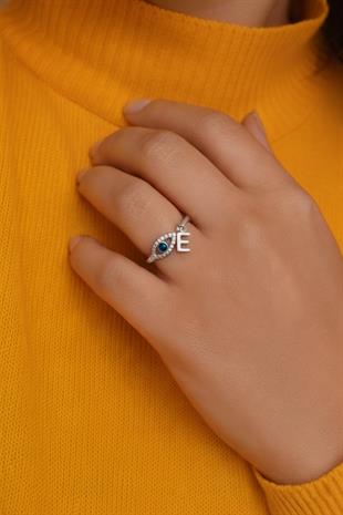 925 Ayar Gümüş Mavi Safir Detaylı Nazar Tasarım Harf Yüzük