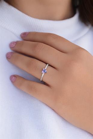 925 Ayar Gümüş Minimal Ametist Kalp Yüzük