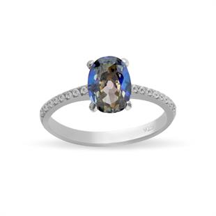 925 Ayar Gümüş Minimal Blue Topaz Oval Taşlı Takı Seti