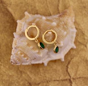 925 Ayar Gümüş Minimal Zümrüt Rengi Oval Taşlı Küpe