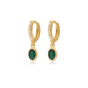 925 Ayar Gümüş Minimal Zümrüt Rengi Oval Taşlı Küpe