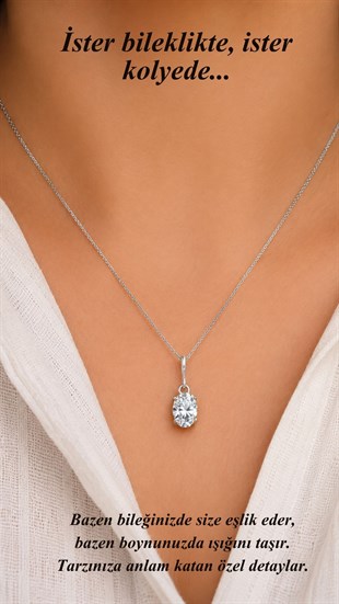 925 Ayar Gümüş Minimal Oval Beyaz Taşlı Charm Kolye Ucu