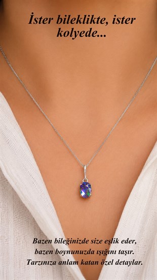 925 Ayar Gümüş Minimal Oval Mistik Topaz Taşlı Charm Kolye Ucu
