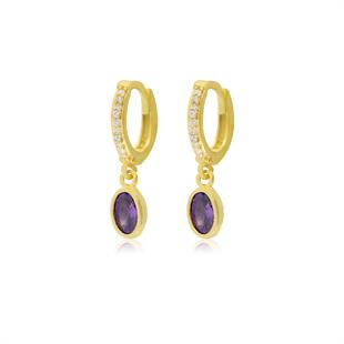 925 Ayar Gümüş Minimal Oval Ametist Taşlı Küpe