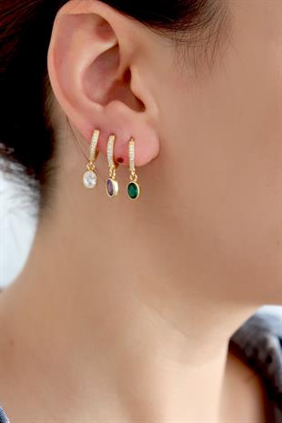 925 Ayar Gümüş Minimal Oval Ametist Taşlı Küpe