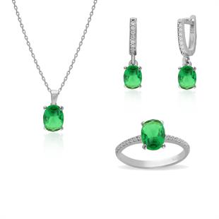 925 Ayar Gümüş Minimal Zümrüt Oval Taşlı Takı Seti