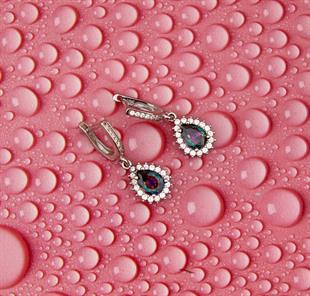 925 Ayar Gümüş Mistik Topaz Damla Taşlı Anturaj Küpe