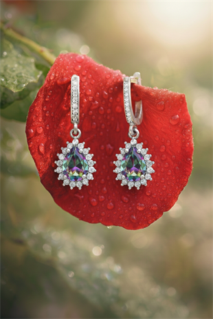 925 Ayar Gümüş Mistik Topaz Damla Taşlı Anturaj Küpe