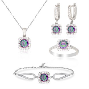 925 Ayar Gümüş Mistik Topaz Kare Pırlanta Montür Takı Seti