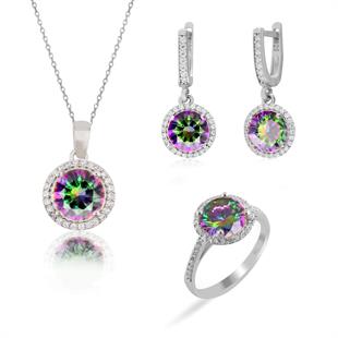 925 Ayar Gümüş Mistik Topaz Yuvarlak Taşlı Takı Seti