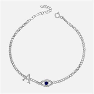 925 Ayar Gümüş Nazar Göz Detaylı Harfli Gurmet Zincir Bileklik