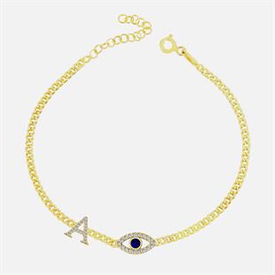 925 Ayar Gümüş Nazar Göz Detaylı Harfli Gurmet Zincir Bileklik