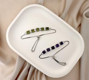 925 Ayar Gümüş Olive Taşlı Asansörlü Bileklik