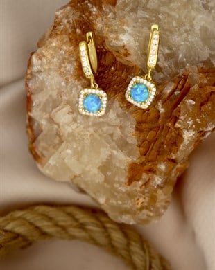 925 Ayar Gümüş Opal Taş Kare Pırlanta Modeli Küpe